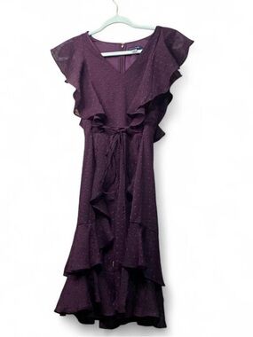 Tommy Hilfiger Plum Purple Swiss Dot Ruffle Midi Dress | Size 4